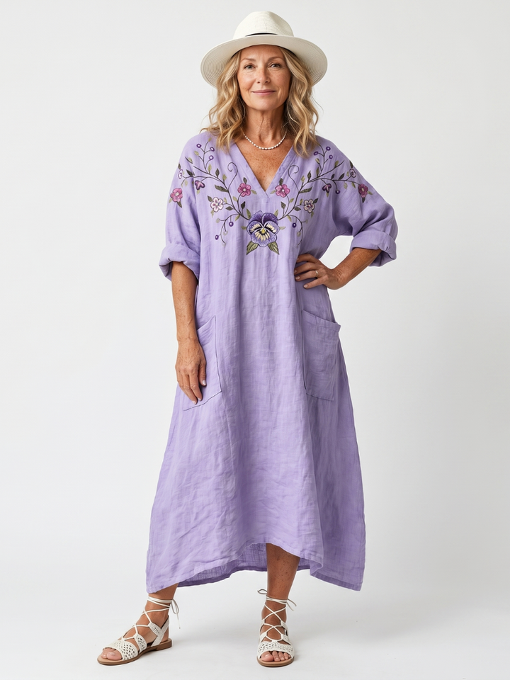 Tavi | Floral Besticktes Oversized Midi-Kleid mit Taschen