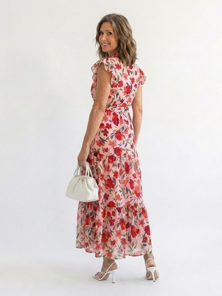 Lila | Florales V-Ausschnitt Stufen-Midi-Kleid
