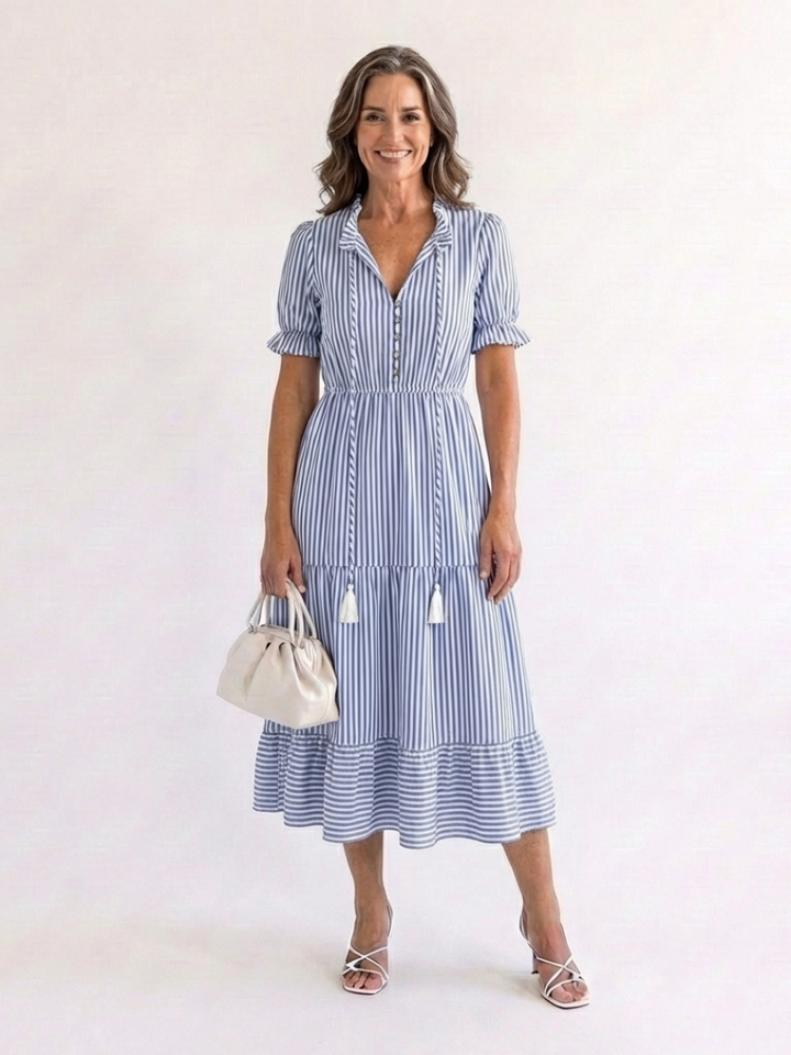 Dakota | Kurzärmliges gestreiftes, schichtetes Midikleid