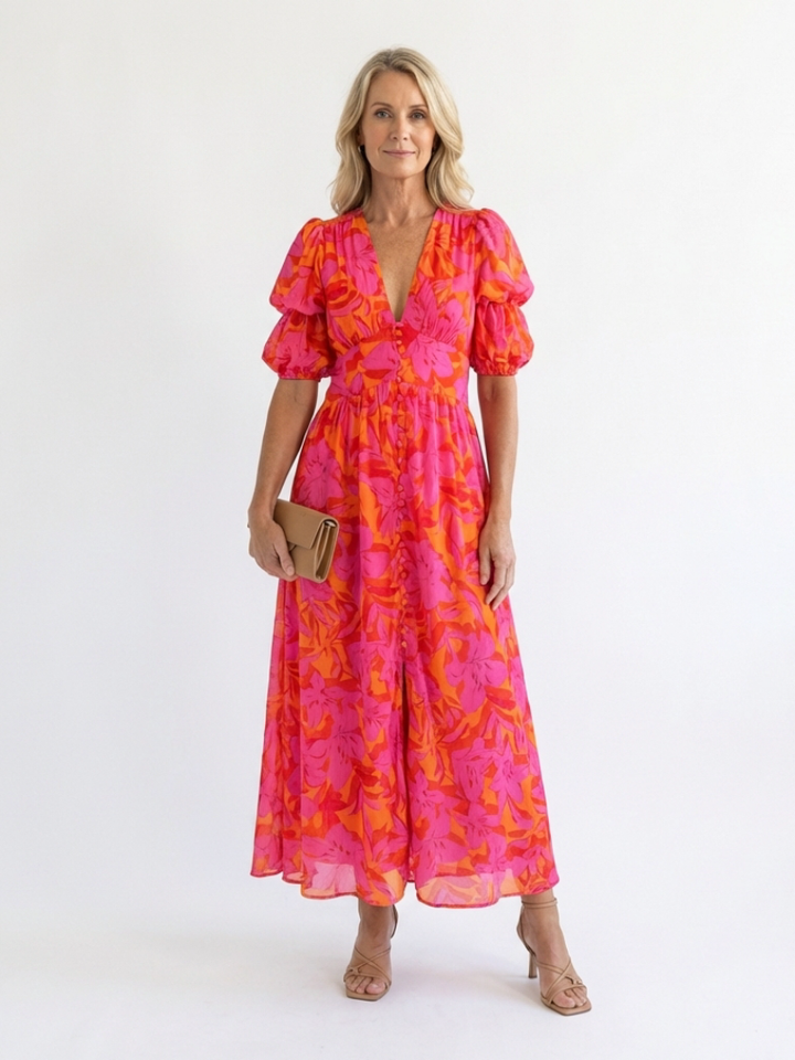 Willow | Floral V-Ausschnitt Puffärmel Midi-Kleid