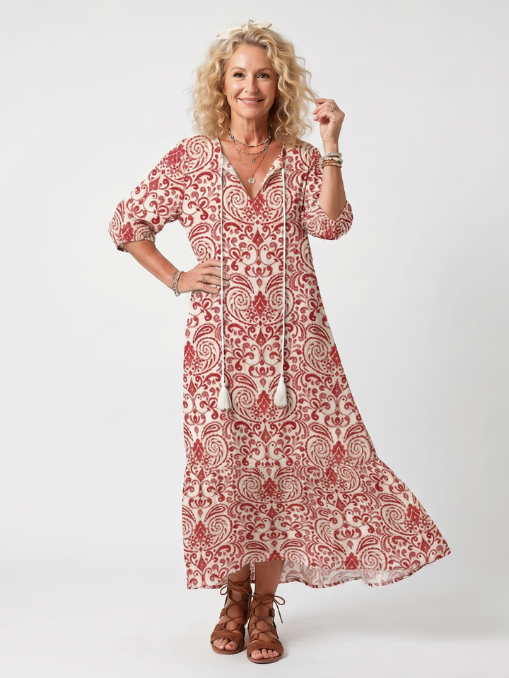 Noelle | Verzierte Print-Tassel-Bindung Midi-Kleid
