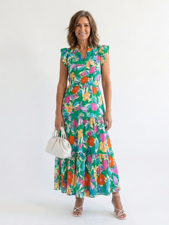 Lila | Florales V-Ausschnitt Stufen-Midi-Kleid