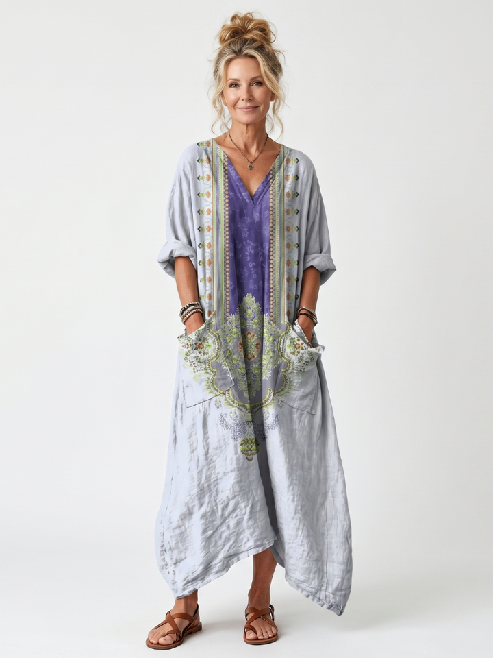 Raina | Kontrastpanel besticktes oversized Midi-Kleid mit Taschen
