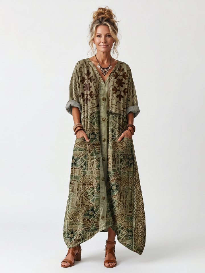 Aleta | Knopf-Front Besticktes Übergroßes Midi-Kleid mit Taschen
