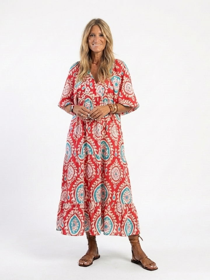 Zaria | Paisley-Druck V-Ausschnitt Kurzarm-Midi-Kleid