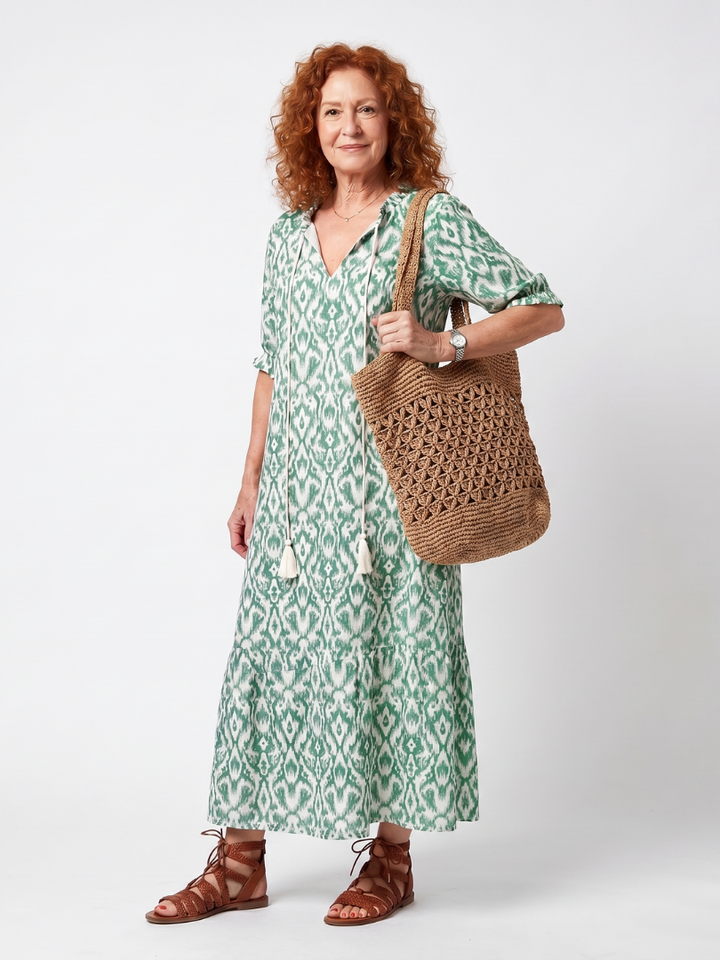 Ilara | Muster V-Ausschnitt Fransen Midi Kleid