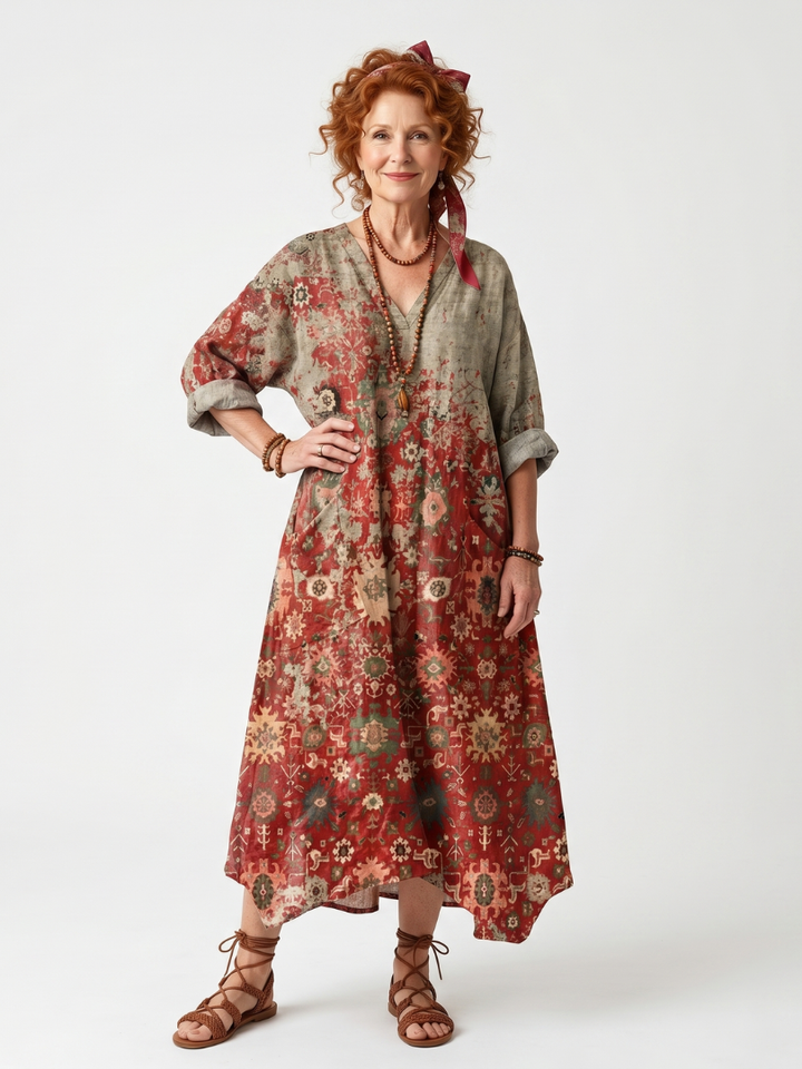 Safran | Gemustertes, lockeres Midi-Kleid mit Taschen