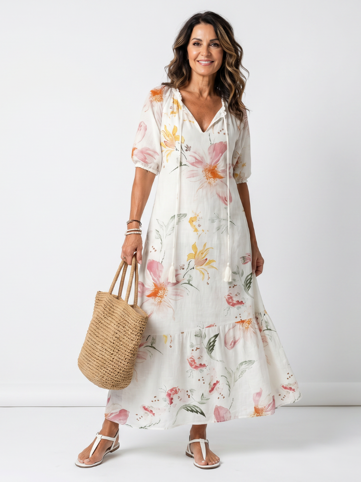 Noa | Weiches florales, gestuftes Midi-Kleid mit Quasten