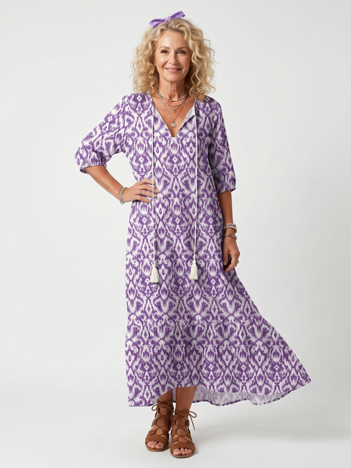 Penelope | Bedrucktes Midi-Kleid mit Quastenbindebändern