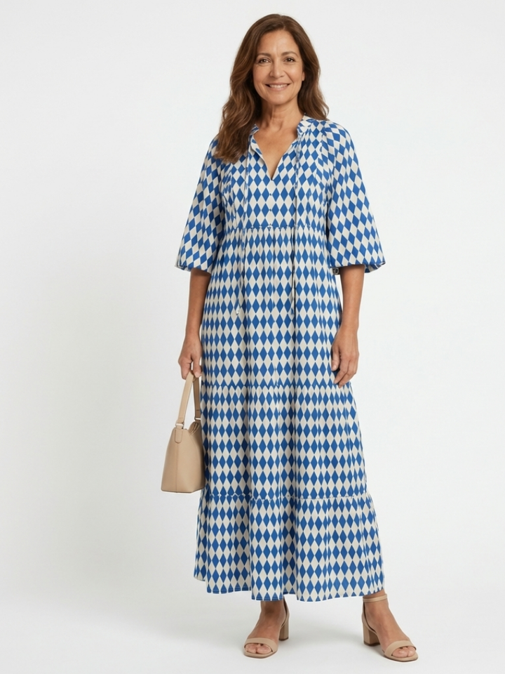 Elodie | Diamantmuster Stufen Midi Kleid