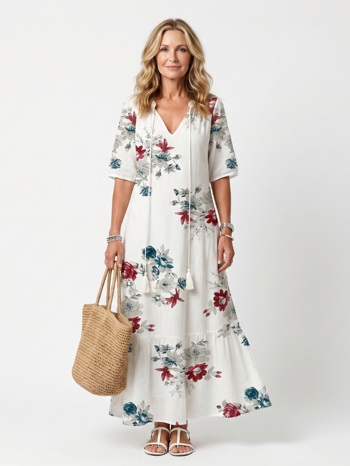 Maeva | Gestreifter Floral-Tassel-Midi-Kleid