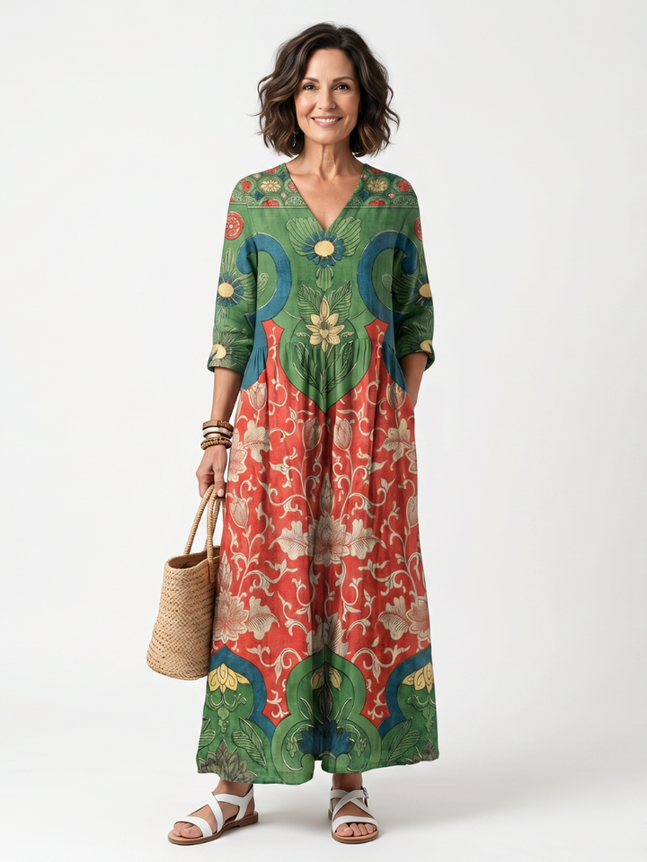 Sloane | Gemischtes Druck V-Ausschnitt Midi-Kleid mit Taschen