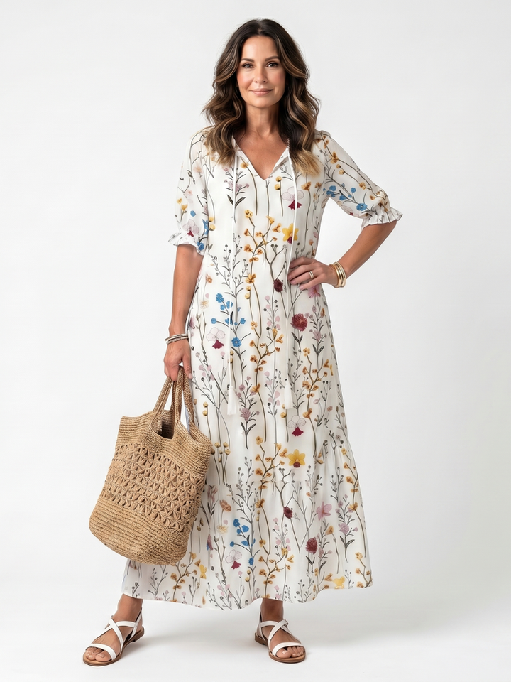 Sylvie | Botanischer Druck Midi-Kleid mit Quastenbindeband