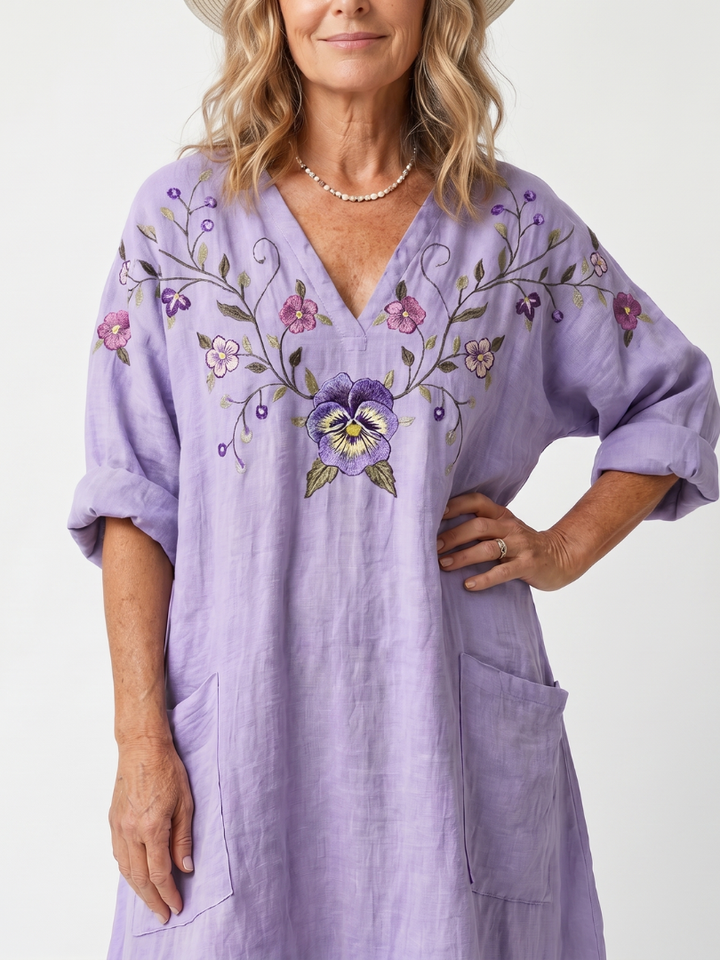 Tavi | Floral Besticktes Oversized Midi-Kleid mit Taschen
