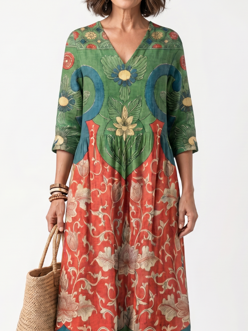 Sloane | Gemischtes Druck V-Ausschnitt Midi-Kleid mit Taschen