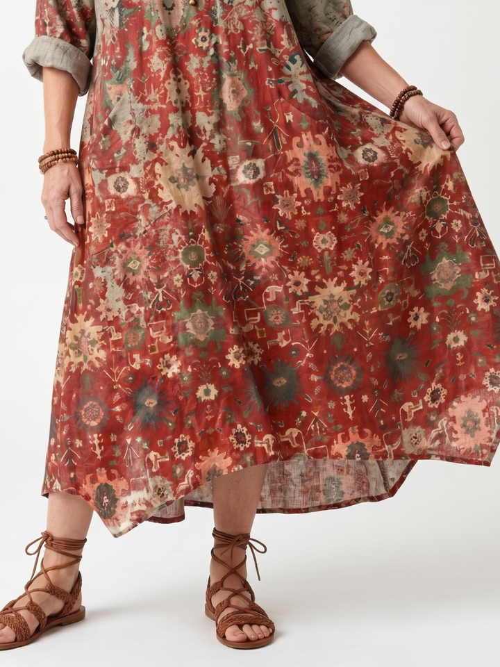Safran | Gemustertes, lockeres Midi-Kleid mit Taschen