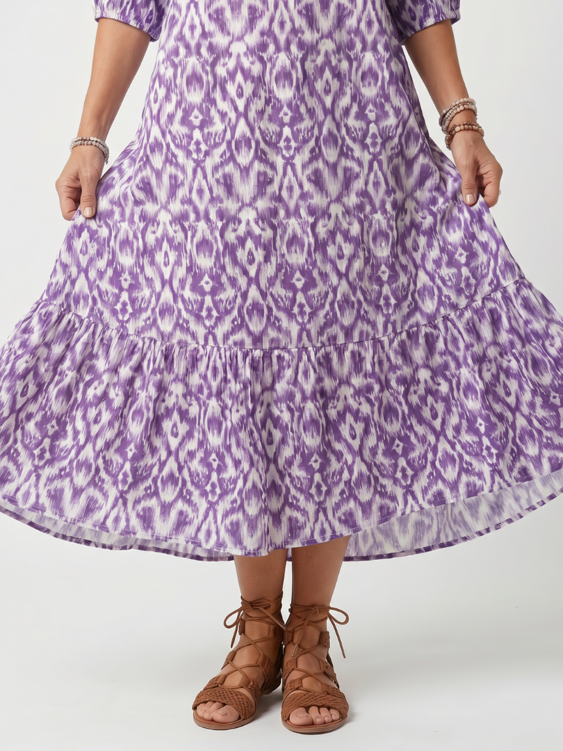 Penelope | Bedrucktes Midi-Kleid mit Quastenbindebändern