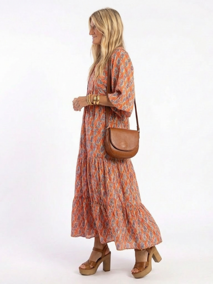 Amara | Geometrisches Druck V-Ausschnitt Midi Kleid