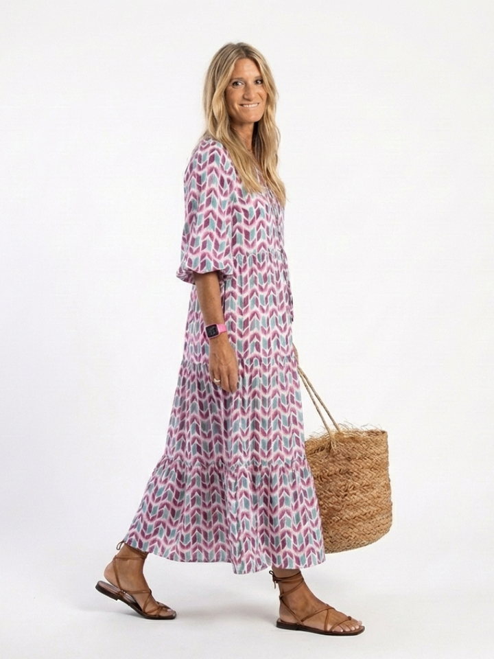 Mireya | Geometrisches Druck Langarm Tiered Midi Kleid