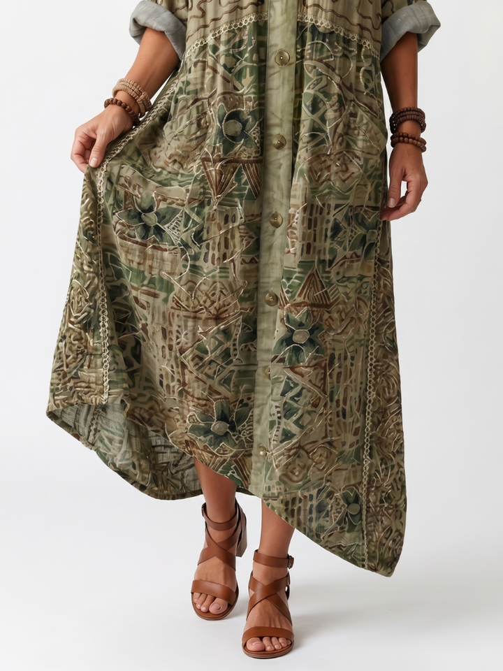 Aleta | Knopf-Front Besticktes Übergroßes Midi-Kleid mit Taschen