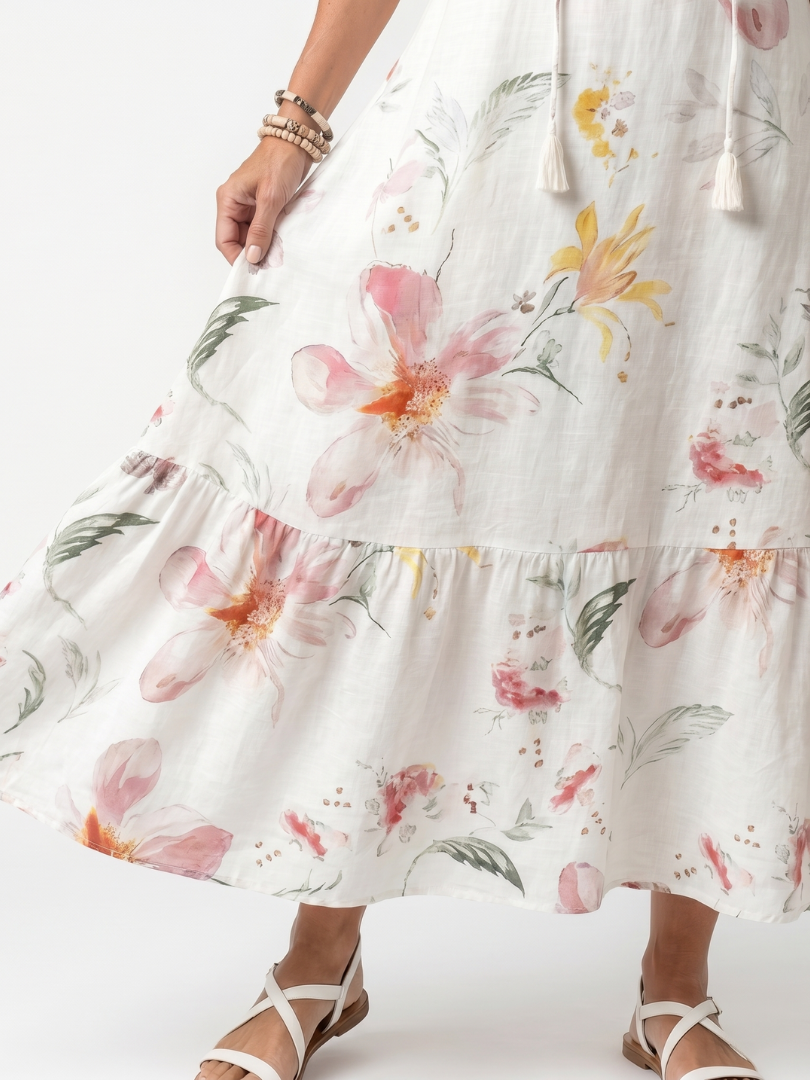 Noa | Weiches florales, gestuftes Midi-Kleid mit Quasten