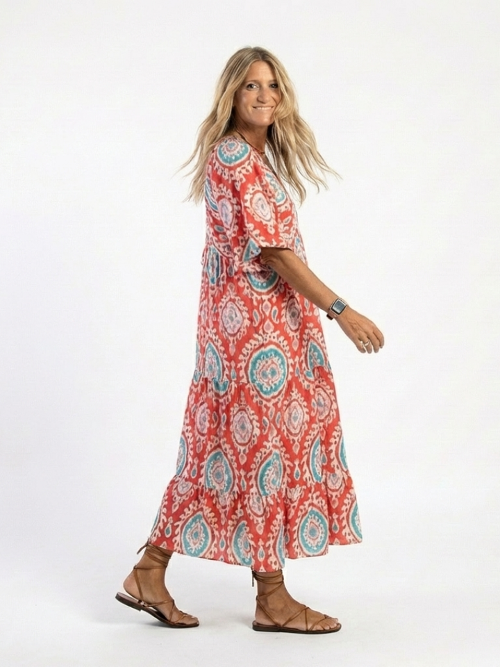 Zaria | Paisley-Druck V-Ausschnitt Kurzarm-Midi-Kleid