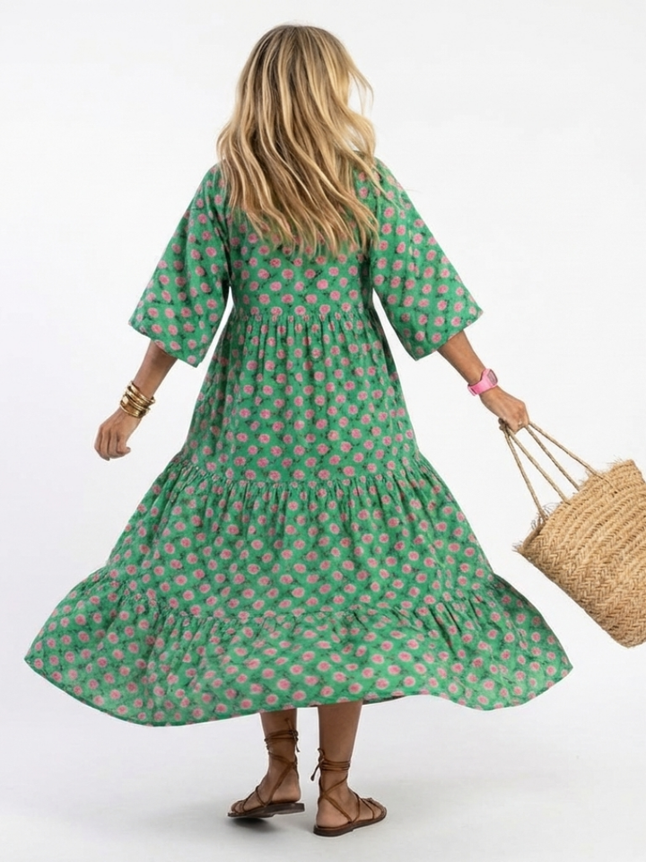 Fiora | Floral Print V-Ausschnitt Tiered Midi Kleid