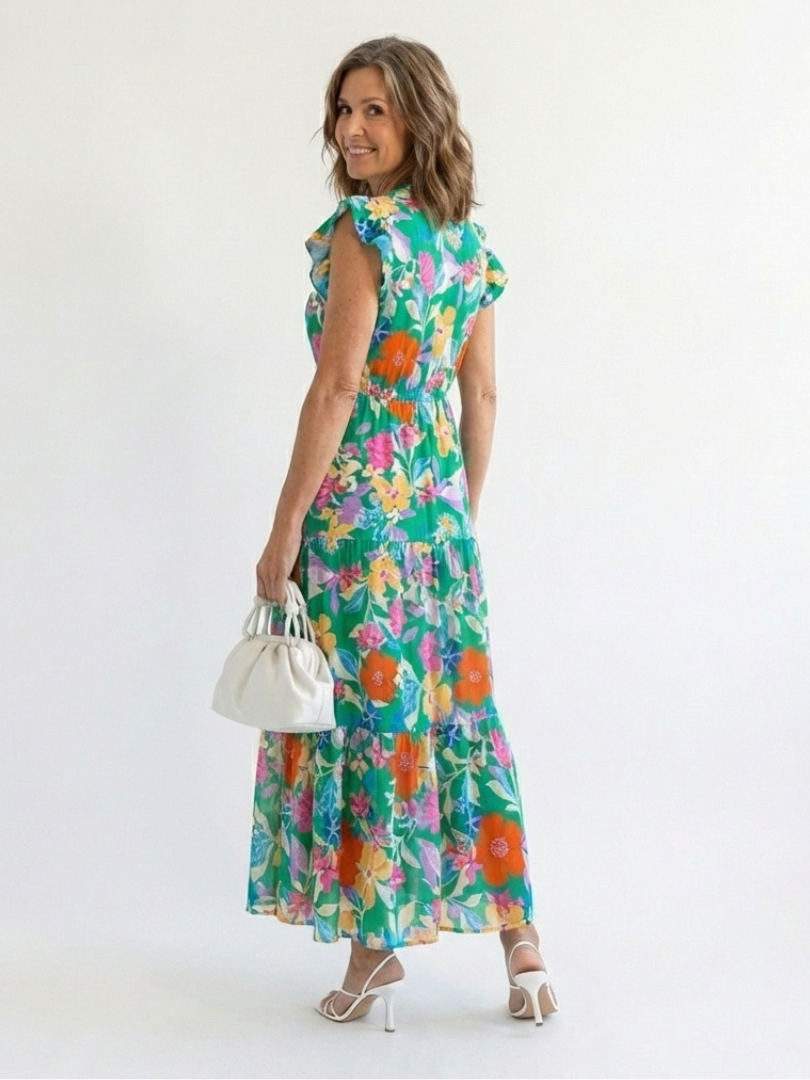 Lila | Florales V-Ausschnitt Stufen-Midi-Kleid