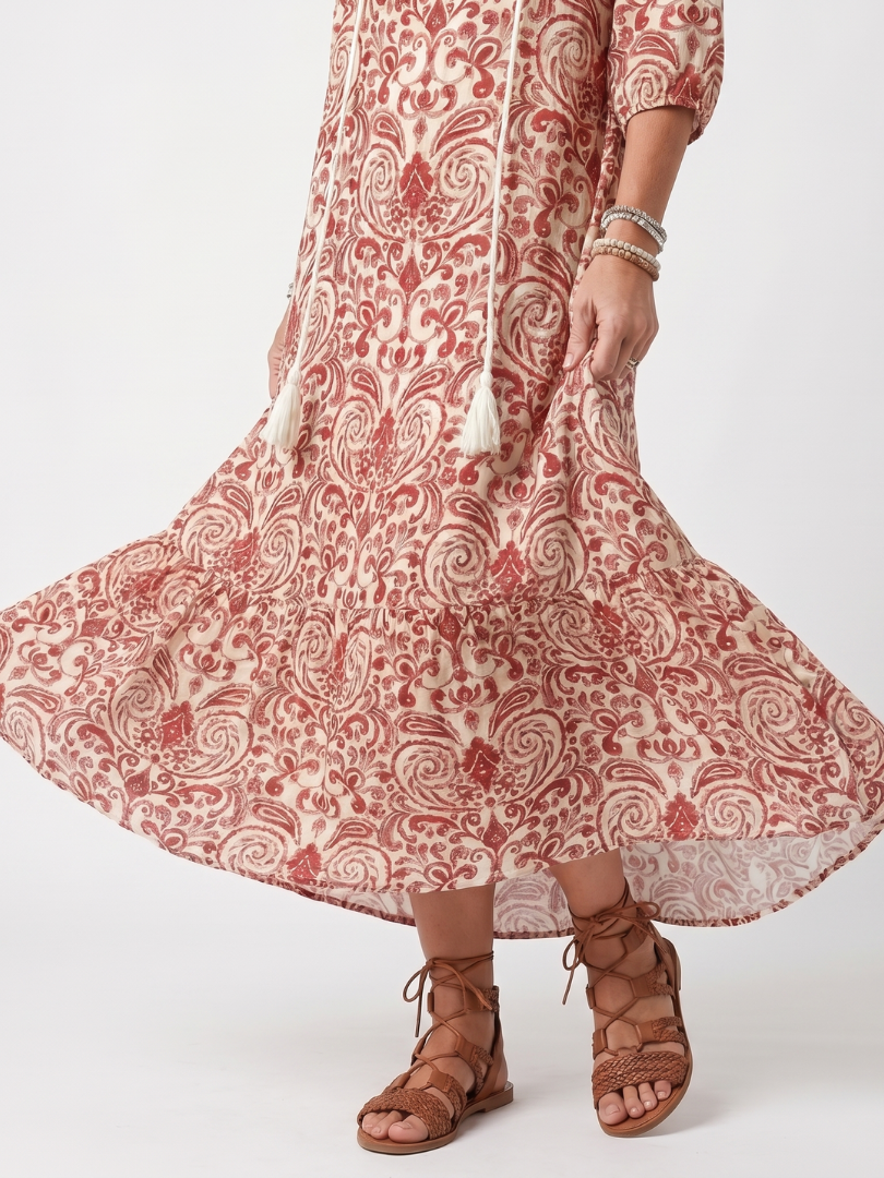 Noelle | Verzierte Print-Tassel-Bindung Midi-Kleid