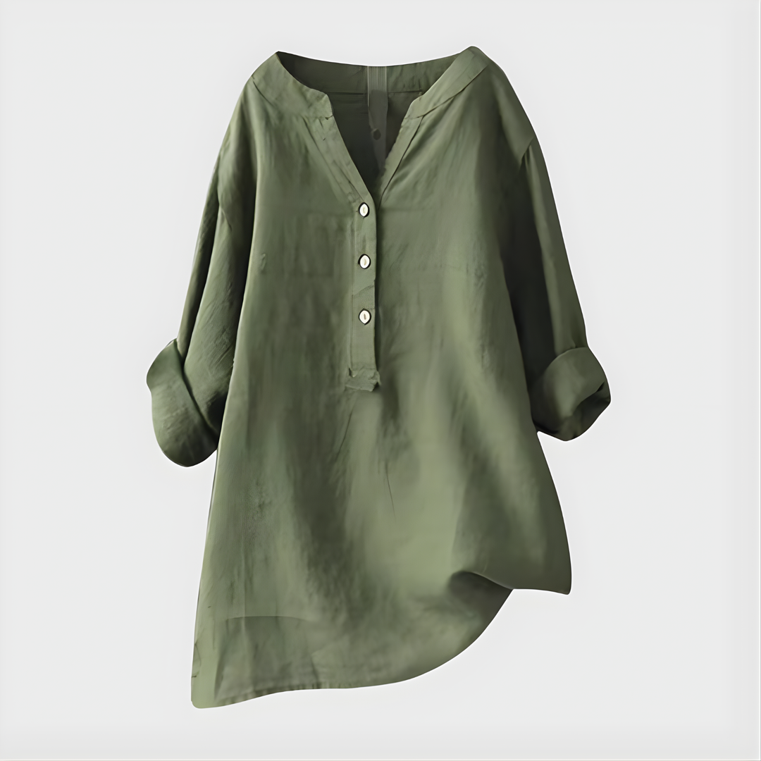 Veronique™ Elegante Baumwoll-Leinen V-Ausschnitt Bluse