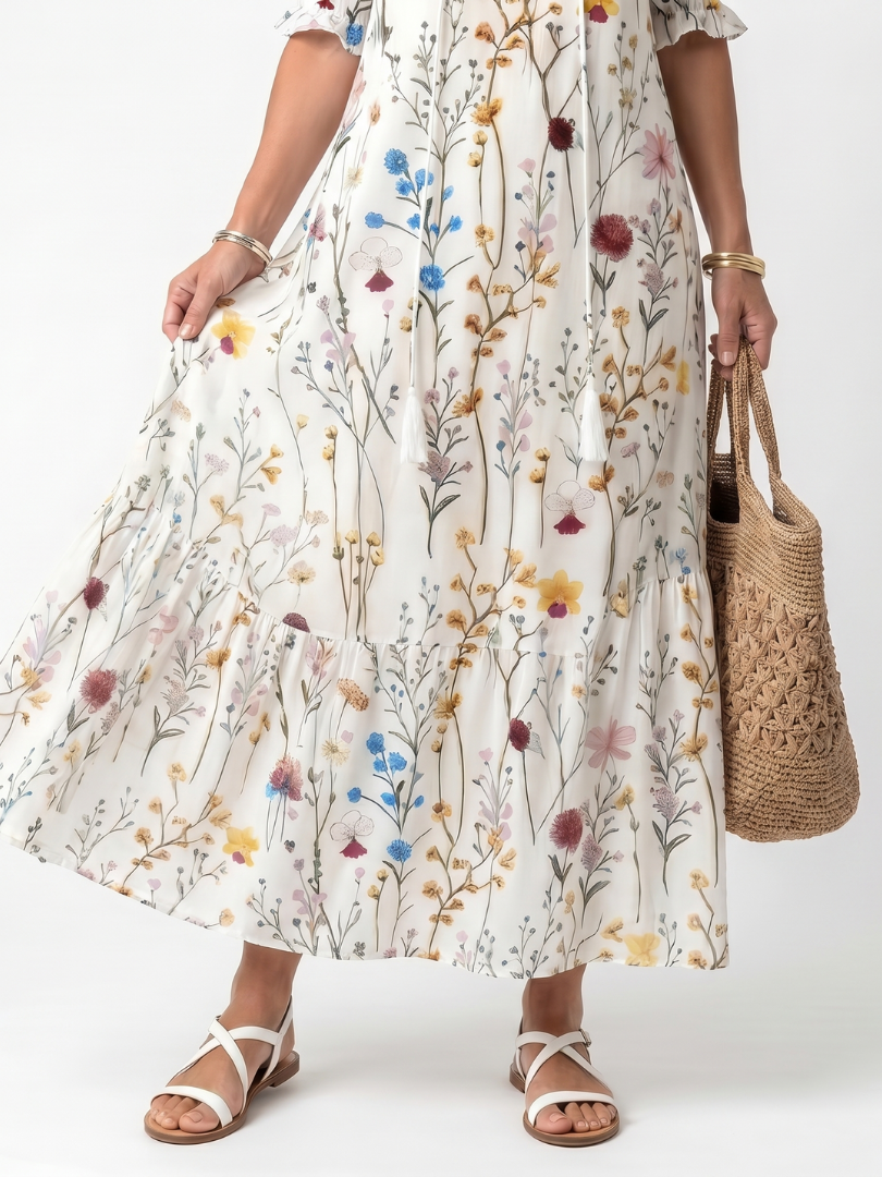 Sylvie | Botanischer Druck Midi-Kleid mit Quastenbindeband