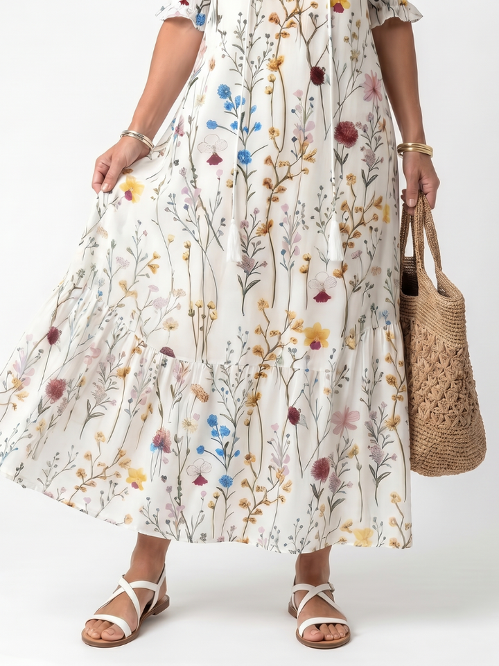 Sylvie | Botanischer Druck Midi-Kleid mit Quastenbindeband