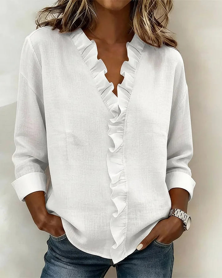 Yvonne | Bluse mit Rüschen, V-Ausschnitt und langen Ärmeln