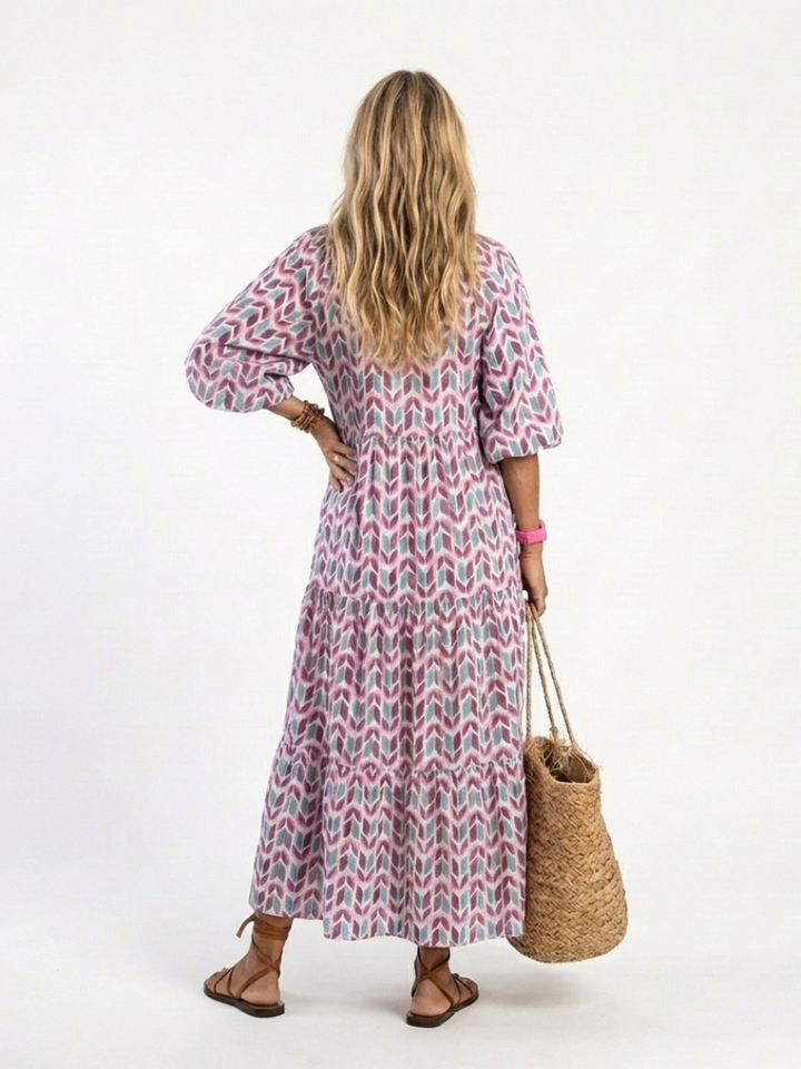 Mireya | Geometrisches Druck Langarm Tiered Midi Kleid