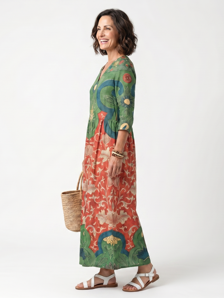 Sloane | Gemischtes Druck V-Ausschnitt Midi-Kleid mit Taschen