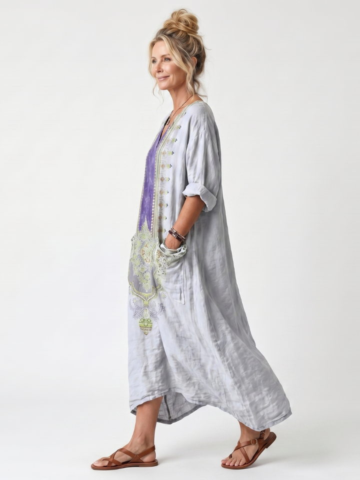 Raina | Kontrastpanel besticktes oversized Midi-Kleid mit Taschen