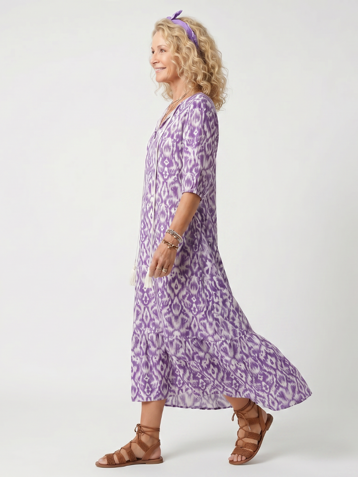 Penelope | Bedrucktes Midi-Kleid mit Quastenbindebändern