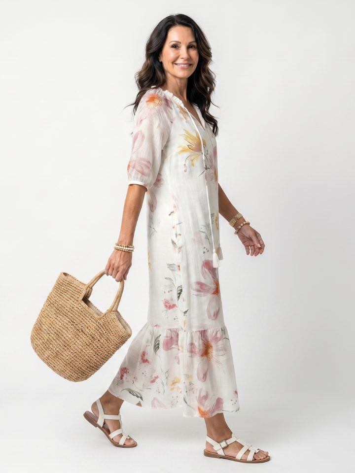 Noa | Weiches florales, gestuftes Midi-Kleid mit Quasten