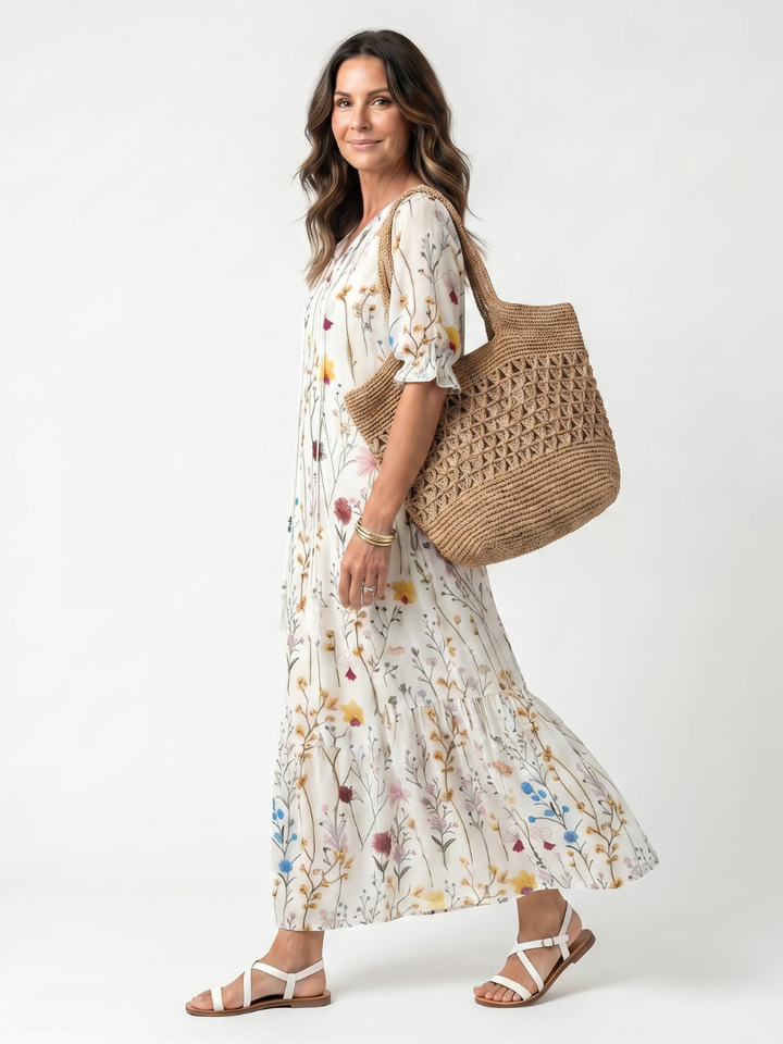 Sylvie | Botanischer Druck Midi-Kleid mit Quastenbindeband
