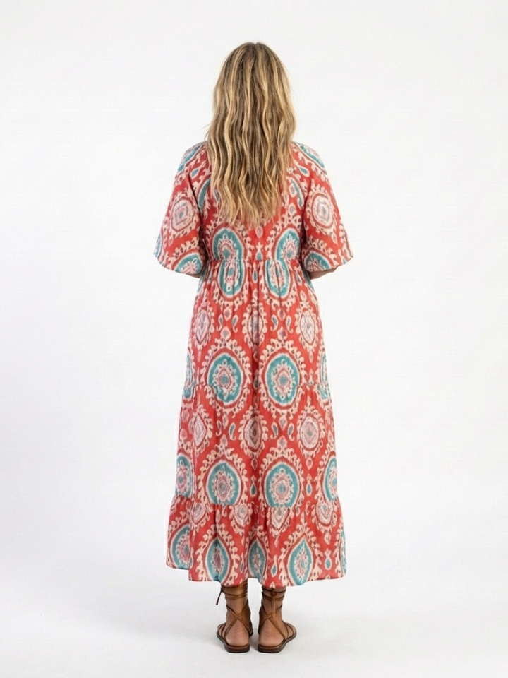 Zaria | Paisley-Druck V-Ausschnitt Kurzarm-Midi-Kleid