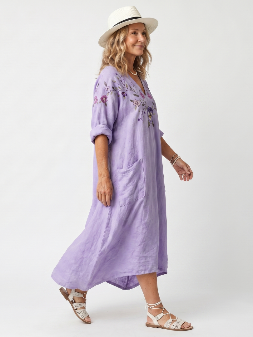 Tavi | Floral Besticktes Oversized Midi-Kleid mit Taschen