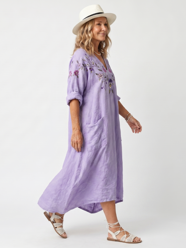 Tavi | Floral Besticktes Oversized Midi-Kleid mit Taschen