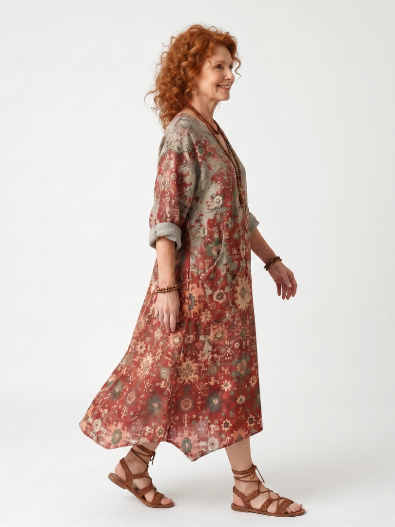 Safran | Gemustertes, lockeres Midi-Kleid mit Taschen