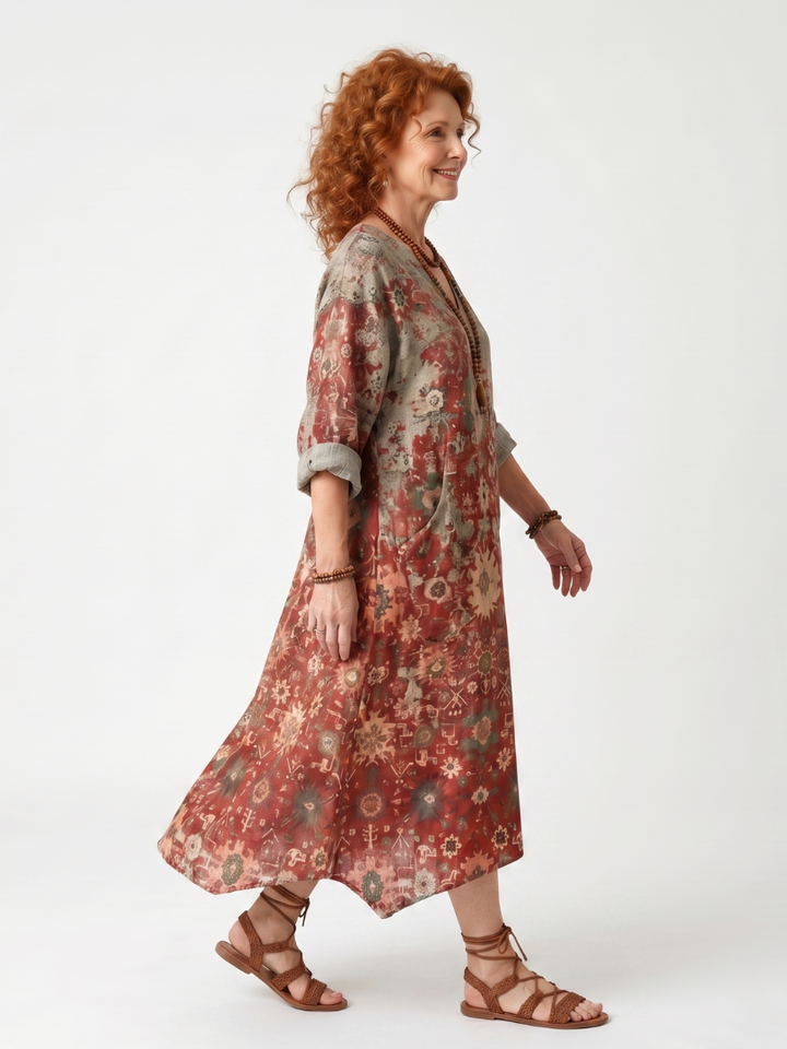 Safran | Gemustertes, lockeres Midi-Kleid mit Taschen
