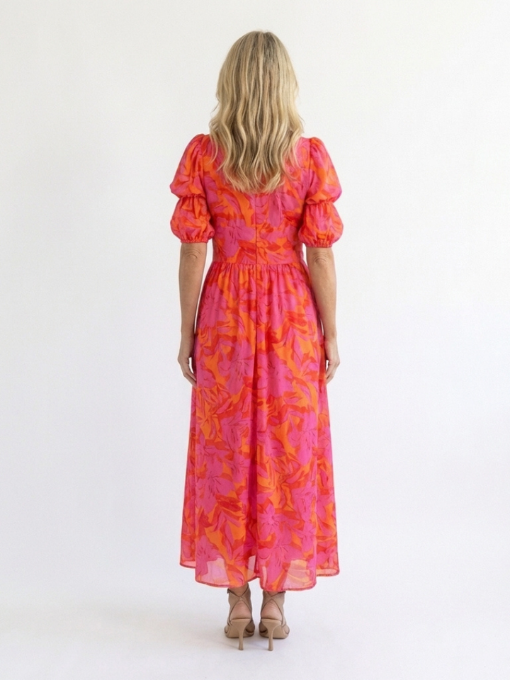 Willow | Floral V-Ausschnitt Puffärmel Midi-Kleid