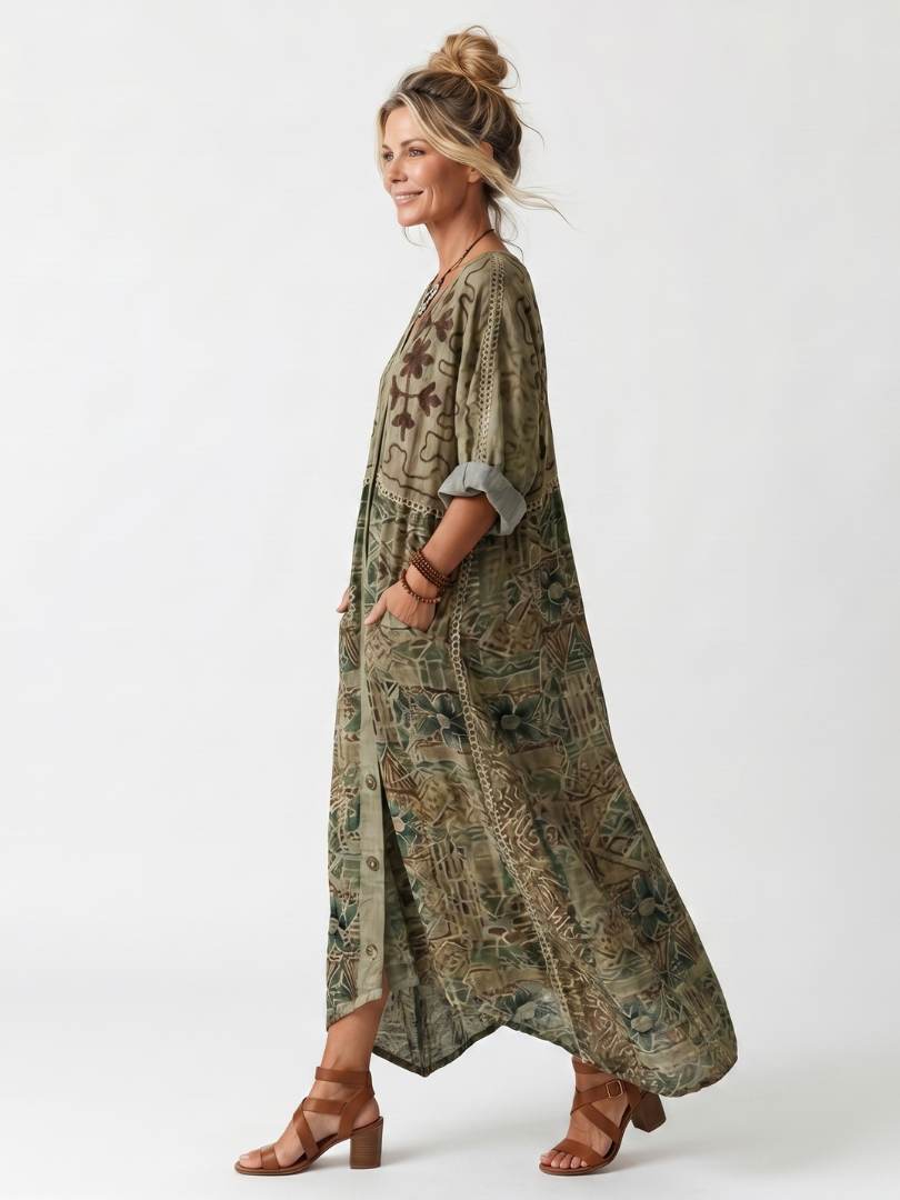 Aleta | Knopf-Front Besticktes Übergroßes Midi-Kleid mit Taschen