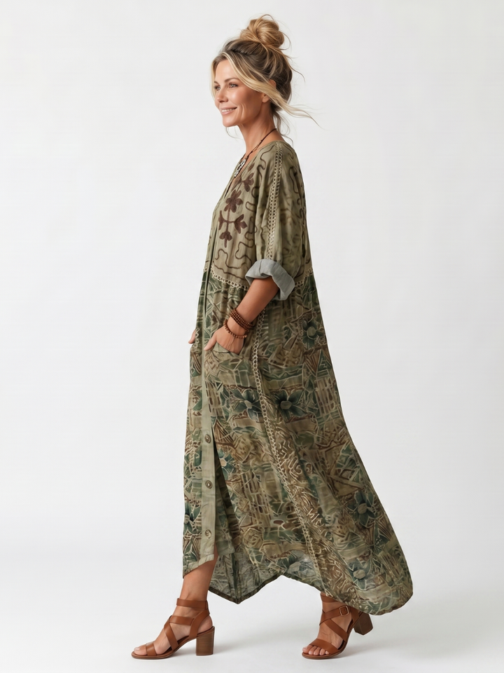 Aleta | Knopf-Front Besticktes Übergroßes Midi-Kleid mit Taschen