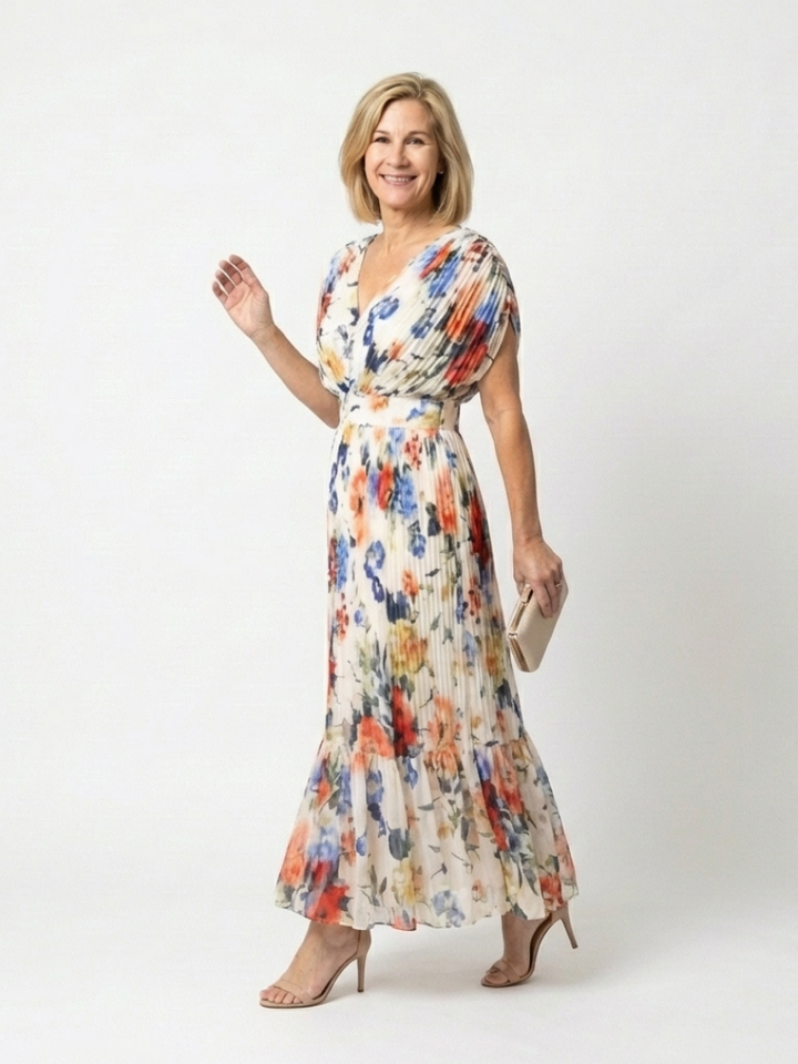 Savannah | Kurzärmliges, gefälteltes, florales Midikleid