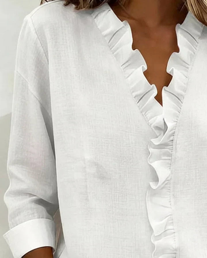 Yvonne | Bluse mit Rüschen, V-Ausschnitt und langen Ärmeln