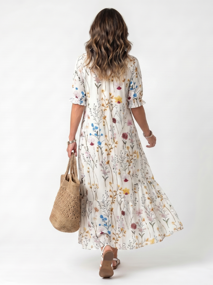 Sylvie | Botanischer Druck Midi-Kleid mit Quastenbindeband